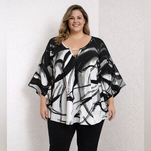 Dressbarn Women’s 2X Black White Abstract Print Flowy Blouse Bar Neckline